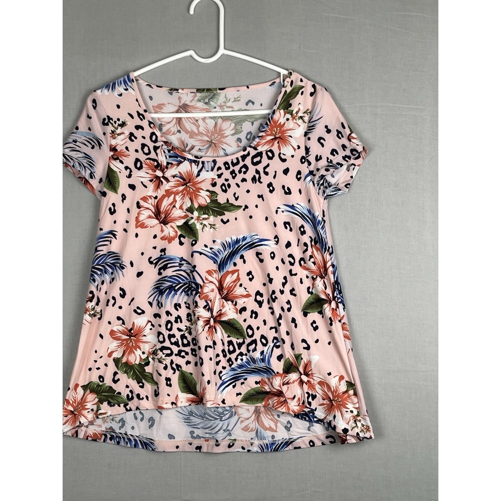 Eye Candy Womens Medium Floral Leopard Print Blouse Short Sleeve Top
